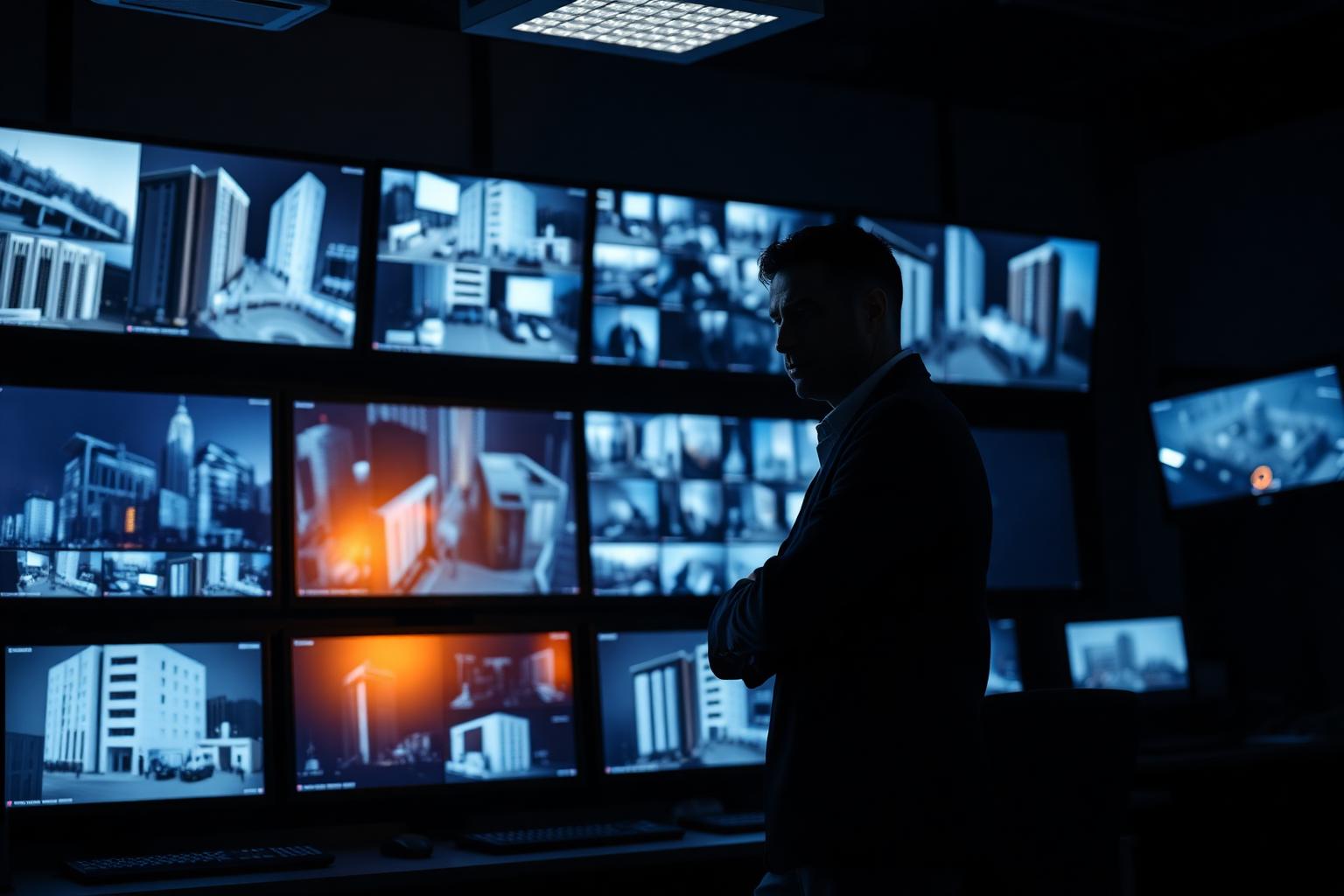 Security operations command center with live surveillance feeds